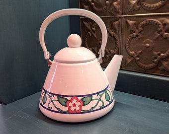 Tea Kettle, Pfaltzgraff Arbor Vine Teapot, White Enamelware Tea Kettle, Floral Tea Kettle, Retro Kitchen, Vintage Kitchen Decor