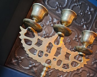 Brass Candelabra, Dragon Brass Candle Holders, 3 Candle Brass Candelabra, 7-inch Beautiful Dragon Brass Candelabra, Two Available