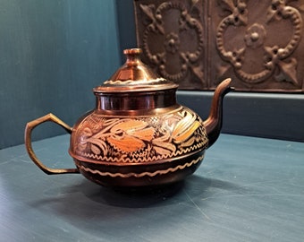 Copper Tea Kettle, Turkish Copper Teapot Brown and Silver Engraving, Decorative Copper Teapot, Vintage Tea Pot Copper, Tea Kettle Copper