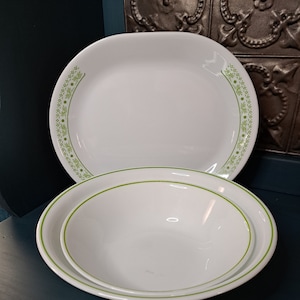 Pyrex and Corelle Honeydew Summer Impressions Green Floral CHOICE of Serving Bowl or Platter, HTF Lime Green Pattern, Vintage Kitchen