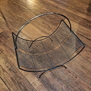 MCM Brass Handle Black Mesh Footed Magazine Rack ,Vintage Brass Accent Log Firewood Holder Basket,Magazine Rack, Vintage Fire Wood