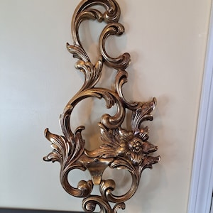 Hollywood Regency Syroco Gold/ Brass Painted Resin Floral Wall Deor, CHOICE, Brass Color Resin Wall Decoration, MCM Midcentury Hollywood