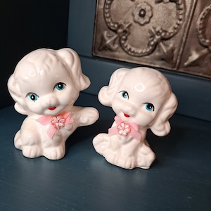 Salt and Pepper Shakers, Vintage White Dog Poodle S & P White Fluffy Dogs Pink Bows, Kitsch, Anthropomorphic Puppy Salt and Pepper Collector