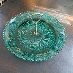 Serving Tray, Vintage Tiara Spruce Sandwich Glass Serving Tray with Handle, Tiara Indiana Glass, Teal, Turquoise Plate
