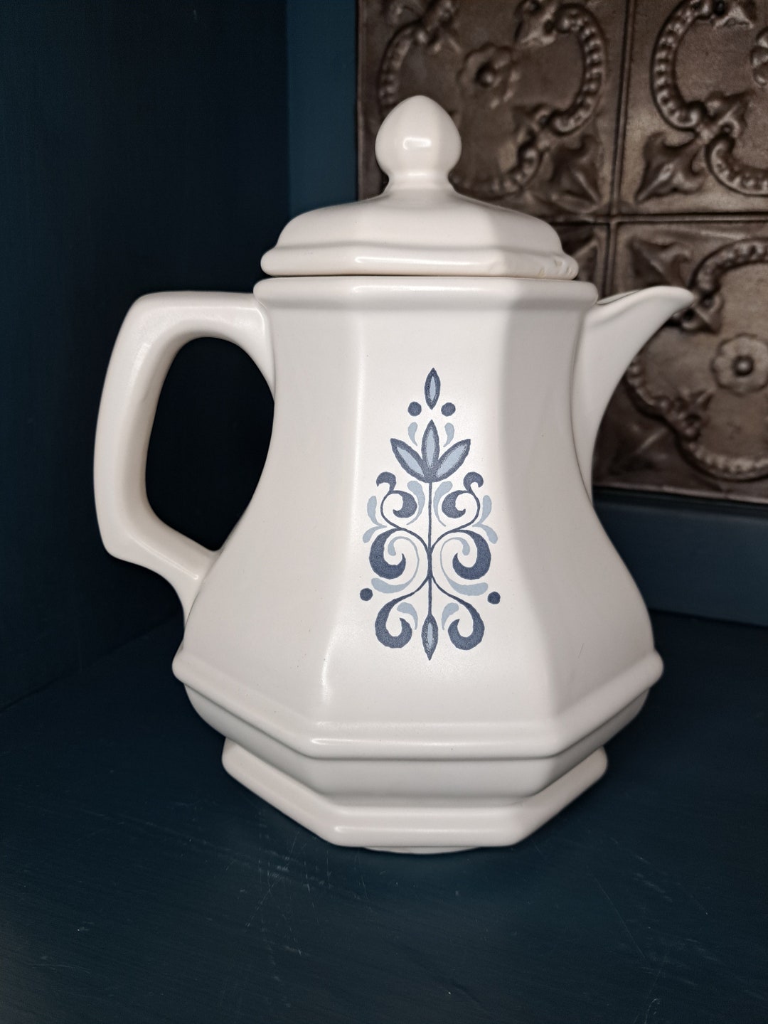 Teapot, Vintage Ceramic Carafe, Vintage 1970s Sutton USA Coffee Carafe by Mccoy, Blue and White