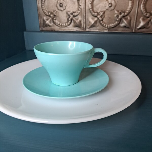 Melamine Melmac Teacup and Saucer, Vintage Turquoise Aqua Blue Green Melamine, MCM Kitchen, Midcentury Modern Dishes