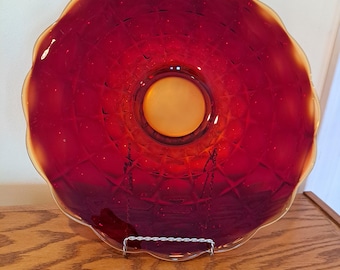 Amberina Glass Cake Stand, Red and Yellow Mid-Century Modern Glass, Pedestal Base, Vintage Decor, MCM Cake Plate, Indiana Glass