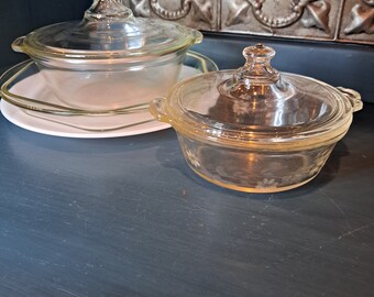Pyrex, CHOICE 1920s Clear Pyrex, Two Have Money Dollar Sign, Hexagon Pie Plate, Small Covered Casserole with Lid, Choice of one 1920s Pyrex