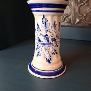 Candle Holder, Asian Painted Chinoiserie Candle Stick, Plant Holder 6-inches Tall, White with Blue Windmill and Floral Print, Vintage Accent