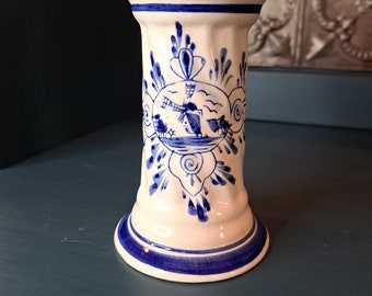 Candle Holder, Asian Painted Chinoiserie Candle Stick, Plant Holder 6-inches Tall, White with Blue Windmill and Floral Print, Vintage Accent