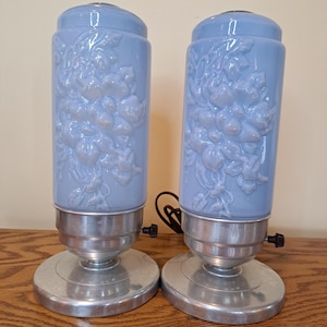 Lamps, Art Deco Bullet Lamp, Torpedo 9-inch Vintage Powder Blue Glass Lamp, Skyscraper Lamp, Boudoir Art Nouveau