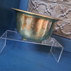 Brass Pot, Vintage Small Brass Footed Planter Partridge In Pear Tree, Etched Brass Pot,Brass Planter, Miniature Brass Bowl, Brass Decor