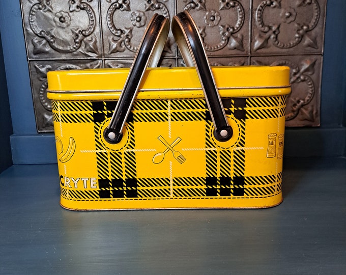 Picnic Basket, Yellow and Black Plaid Metal Picnic Box, Bread Box Nesco