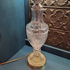 Lamp, 20-in Vintage Clear Glass Lamp, HEAVY, Vintage Frosted Floral Glass Lamp with Brass Color Base,