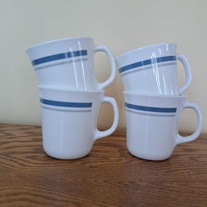 Coffee Cup, Vintage Corelle Corning Vintage Corning Ware Indigo Slate Blue Gray Stripe D-Handle Coffee Tea Mug Cup, Set of 4 Mugs