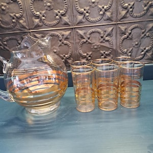 Pitcher, Macbeth-Evans Glass Barware Pitcher and 6 Glasses, 22k Gold trim MCM Barware, Lemonade Pitcher,