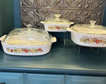 Spice of Life, CHOICE, Vintage Corning Ware "Spice of Life", Le Romarin, Marjolaine, L'Echalote Casseroles with Lids