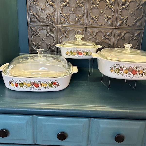 Spice of Life, CHOICE, Vintage Corning Ware "Spice of Life", Le Romarin, Marjolaine, L'Echalote Casseroles with Lids