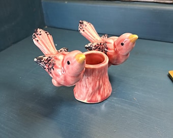 Pink Salt and Pepper Set, MCM Pink Bird S & P set, Toothpick Holder, Sparrow Salt and Pepper, Kitschy Salt and Pepper, Midcentury Modern