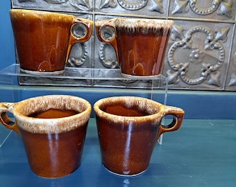Mug, Set of 4 Hull Pottery Brown Drip Coffee Mug with Finger Portal Handle Glossy Cream Glaze Diner Restaurant Ware Oven Proof Utility Cup