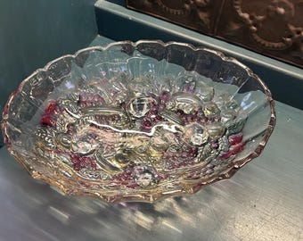 Fruit Bowl, Iridescent Clear Carnival Glass with Colored Fruit Bowl Indiana Glass Co., Garland Oval Console Bowl, Vintage Decor, MCM Kitchen