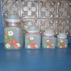 Strawberry Canister Set of 4, Vintage Anchor Hocking Frosted Glass Canister Set, Strawberry Cookie Jar, Strawberries Cream, Strawberry Decor