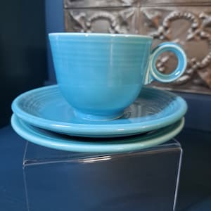 Fiestaware, Fiesta Light Blue Teacup with Two Saucers by Homer Laughlin USA, Vintage, Not Newer Fiesta