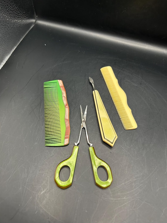 Art Deco Vanity Set, Vintage Art Deco Green Bakelite Comb and Nail Scissors, Cream Celluloid Nail and Comb,