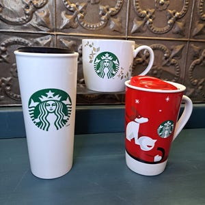 Starbucks Coffee Cup, Travel Mug, CHOICE Starbucks Travel Mug, Siren Mermaid, Christmas Mug Boy and Dog on Sled, Classic Mug