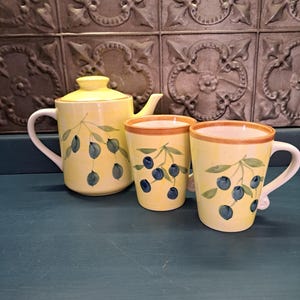 Teapot Set, Yellow Teapot with Two Mugs, Coffee Cups, California Pantry Ceramic Tea Pot, Yellow with Blueberry Tea Pot,