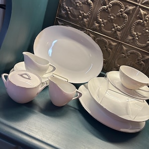 White Fine China, Style House Platinum Ring, White with Silver Trim, CHOICE, Serving Platter, Bowl, Dinner Plate, Sugar/Creamer STYLE HOUSE