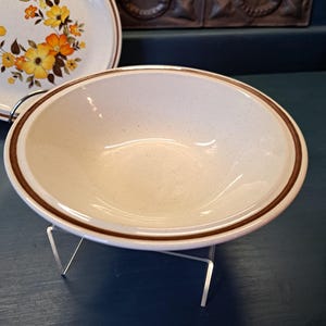 May include: A white ceramic bowl with a brown rim. The bowl has a speckled texture and is sitting on a blue surface.