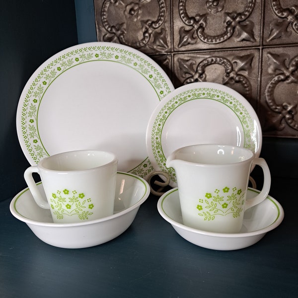 Pyrex and Corelle Honeydew Summer Impressions Green Floral CHOICE Plates, Bowl, Pyrex Coffee Mugs, HTF Lime Green Pattern, Vintage Kitchen