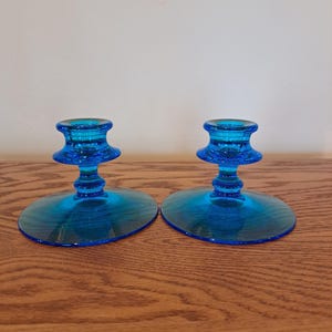 Candle Stick, Pair, Vintage Set of Glass Blue Fostoria Candle Holders, Mid-Century Modern Glass, Retro Fostoria Electric Blue/Aqua Candle
