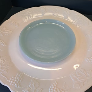 May include: A white ceramic plate with a raised grapevine design and a light blue glass saucer.