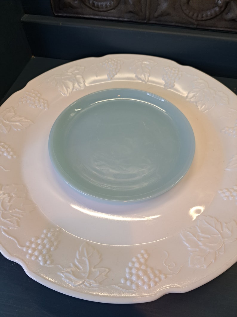 May include: A white ceramic plate with a raised grapevine design and a light blue glass saucer.