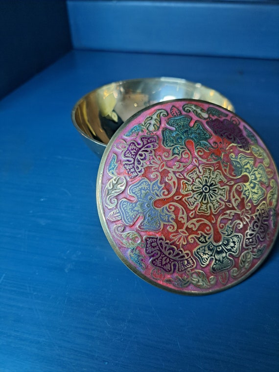 Brass Round Jewelry Trinket Box, Vintage Floral Cl