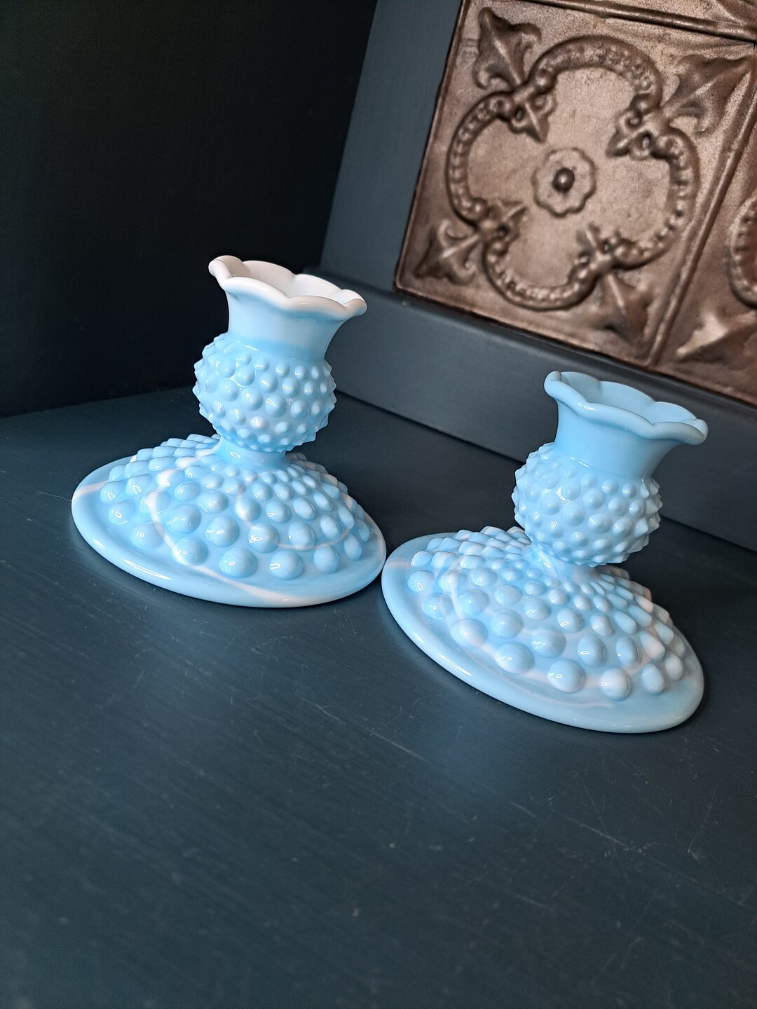 Fenton Candle Holder Pair Blue Vintage Fenton Hobnail Two Etsy