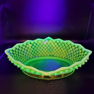Uranium Bowl, Vintage Fenton Vaseline Topaz Opalescent, Glow, Large Hobnail, Rare Topaz Fenton, READ
