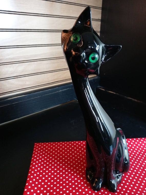 Long Swoop Neck Black Cat With Gemstone Green Eyes Figurine Etsy