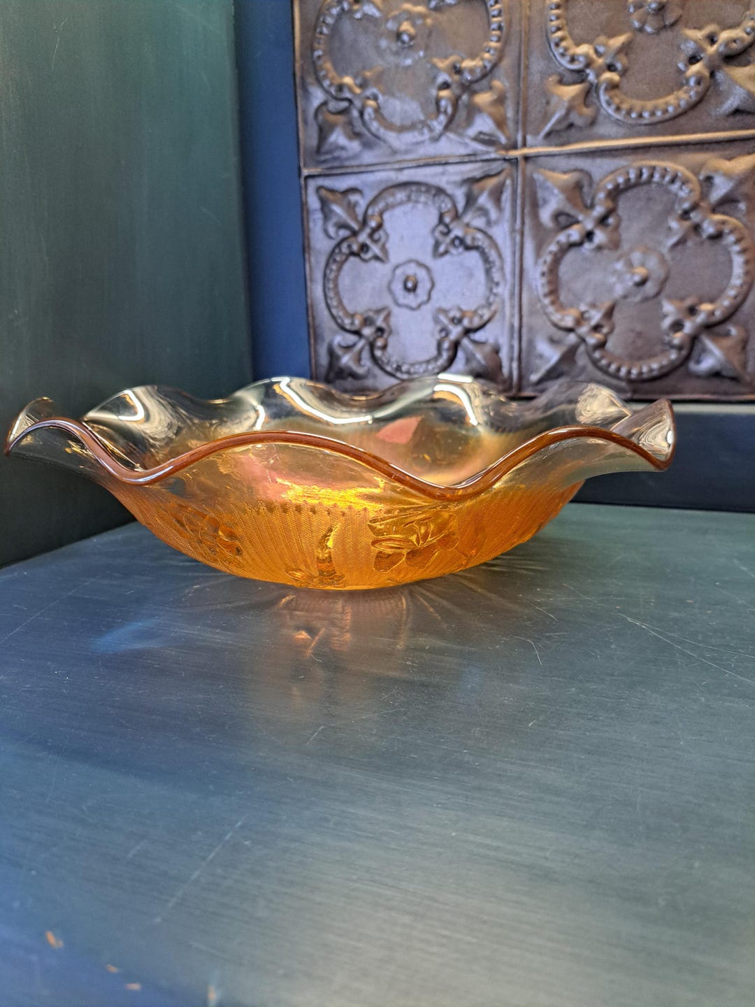 Fruit Bowl, Orange Carnival Glass, Vintage 1950s Jeanette Carnival