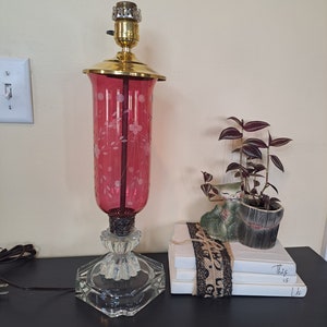 Lamp, Vintage Boudoir Lamp, Bohemian Cranberry Glass Hurricane, Etched Red Glass Delicate Cover, Unique lamp, One-of-a-Kind Lamp