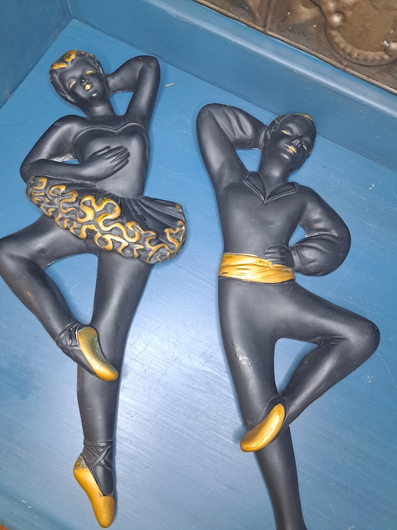 MCM Decor, Ballet Dancing Couple Chalkware, Black with Gold Trim Midcentury Modern Wall Hanging, Vintage Ballet Dancer, Retro Accents