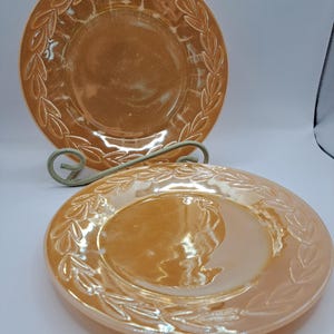 Lusterware Plates, Pair of Peach Luster Laurel Leaf 7.5 Inch Dinner Plate, Set of 2, READ Condition, Fire King, Anchor Hocking