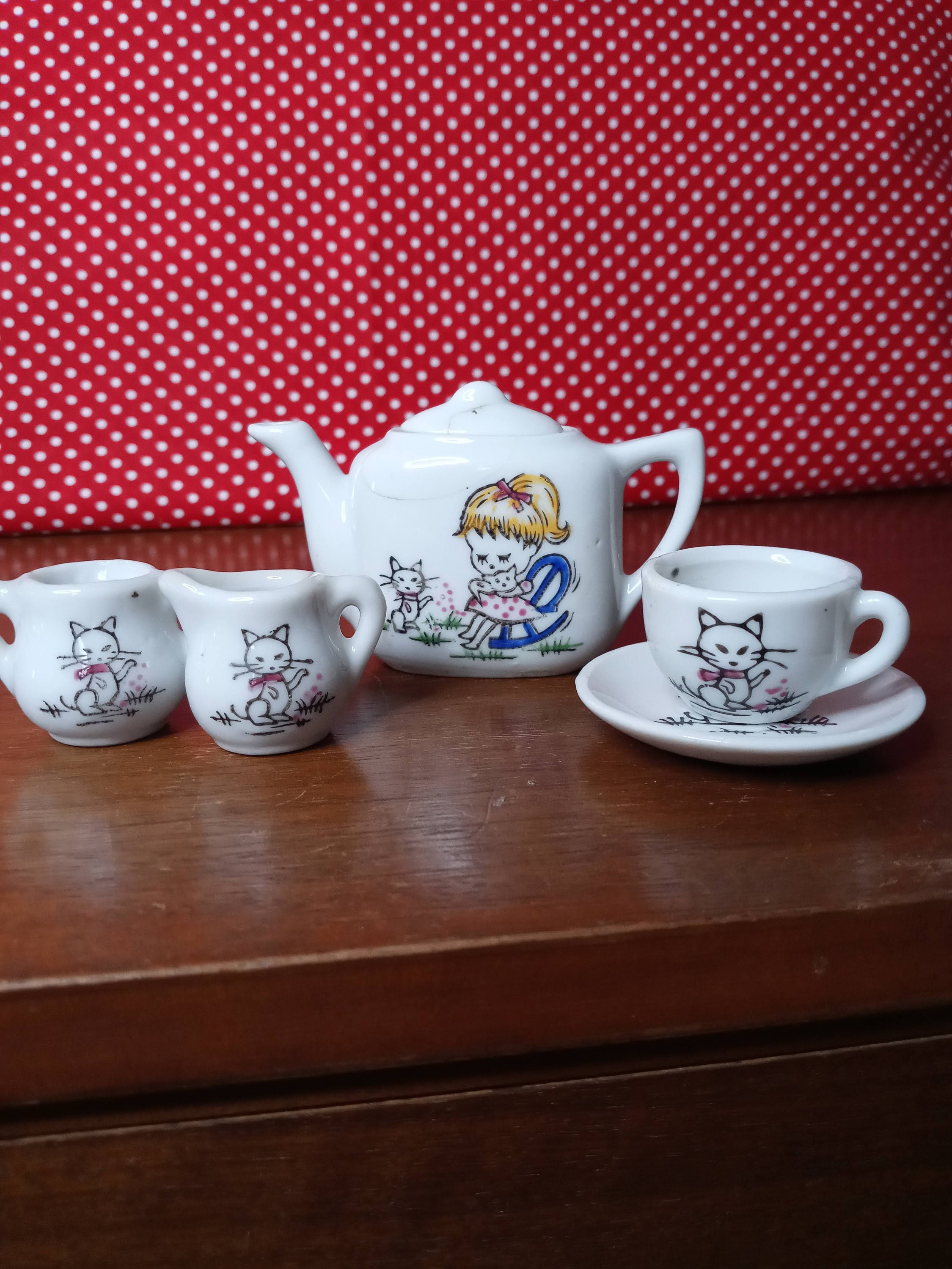 Tea Set Miniature Cats With Little Girl Tea Set 1950s Made Etsy