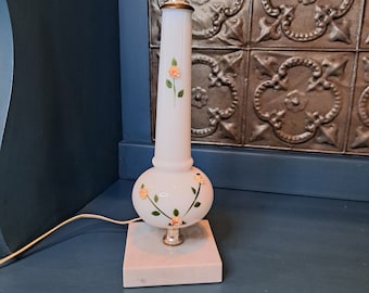 Lamp, White Milk Glass Lamp 13-inch on marble base, 3-D Pink Roses in Full Bloom, BoHo Lamp, Shabby Chic Lamp, Vintage White Floral Lamp