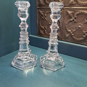 Lead Crystal Candle Holders, Fostoria HFM Henry Ford Museum Argus Candlestick Set, Cut Glass Tiered Taper Candlestick Holders, Lead Crystal