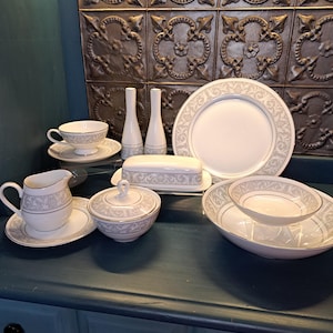 Imperial China WHITNEY Replacements, White Porcelain Gray Design, Butter Dish, Cream Sugar, Salt and Pepper, Plates, Bavaria Germany