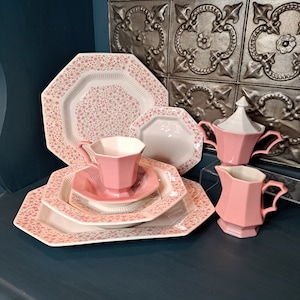 Pierre de fer rose, au choix, vaisselle octogonale vintage en pierre de fer rose Mary Jane, service à thé, bols, sucre et crémier, Ironstone Independence