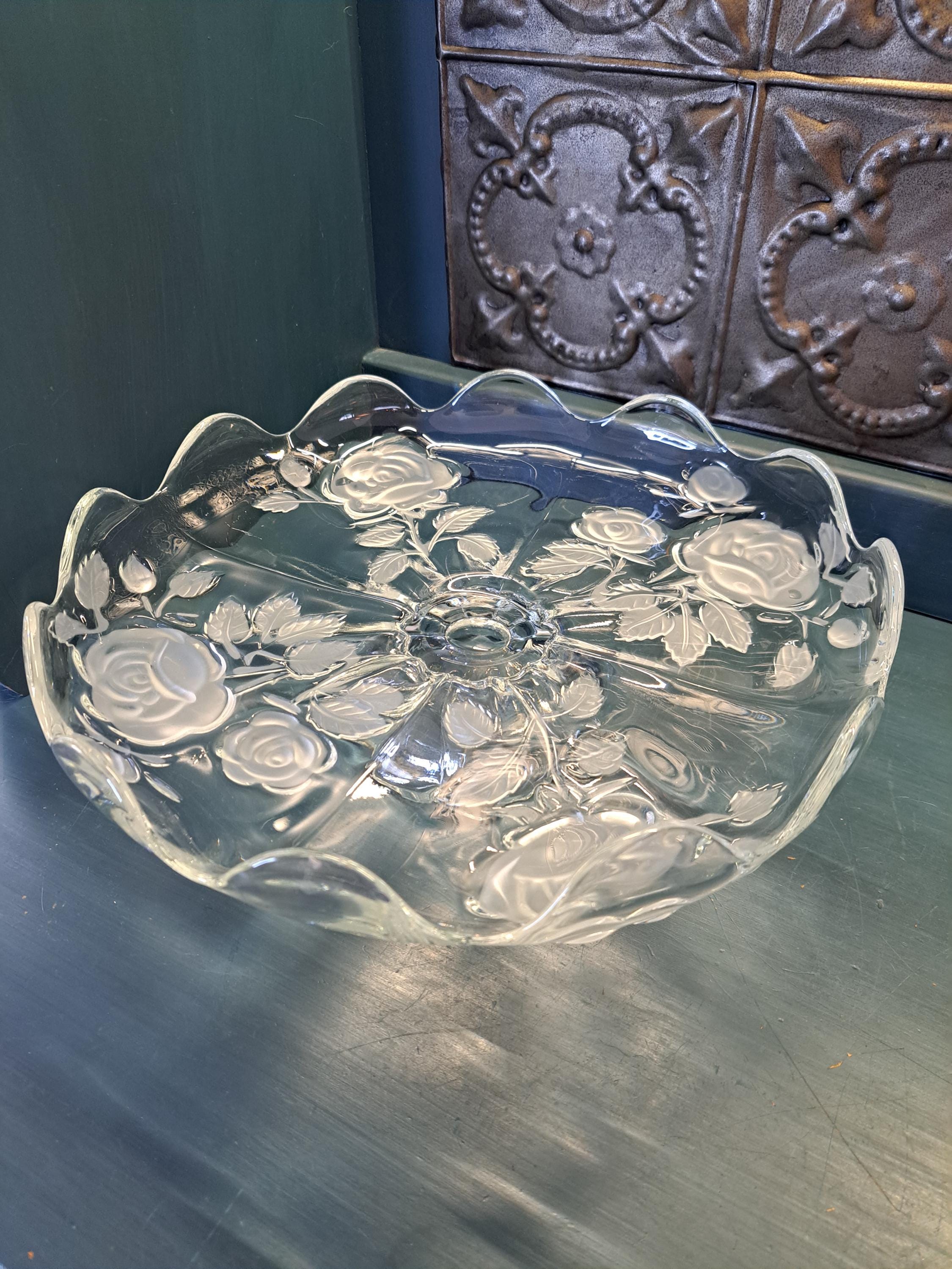 Cake Stand, Vintage Frosted Roses Pedestal Cake Plate, Wedding Decoration, Ornate Plate, Scalloped Edges
